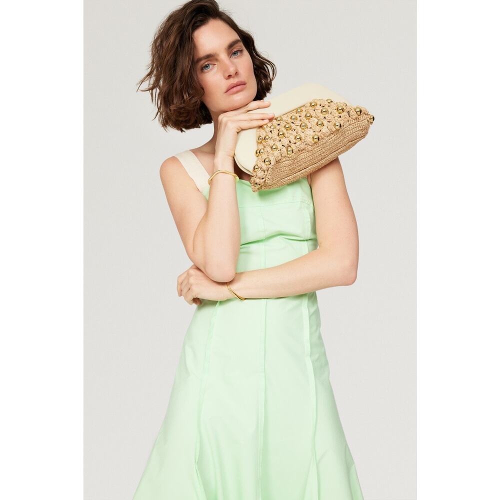 THEMOIRè Brown Tan Straw Woven Beaded Pearl Magnetic Closure Clutch Purse